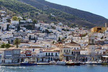 Town on the hill above the harbor on Hydra, Greek Isles