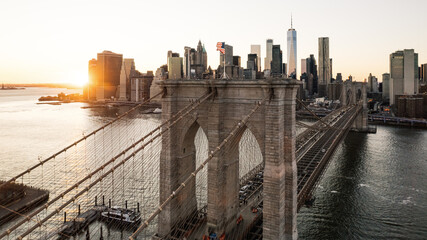Drone view of Brooklyn bridge and Manhattan on Background