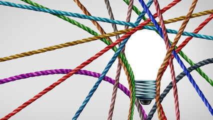 Diversity ideas and connected diverse group thinking with ropes shaped as a bright light bulb as a connect concept for business or social media