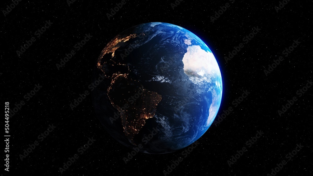 Poster planet earth with realistic geography surface and orbital 3d cloud atmosphere . outer space view of 
