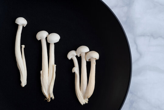 Shimeji mushrooms on plate on marble table