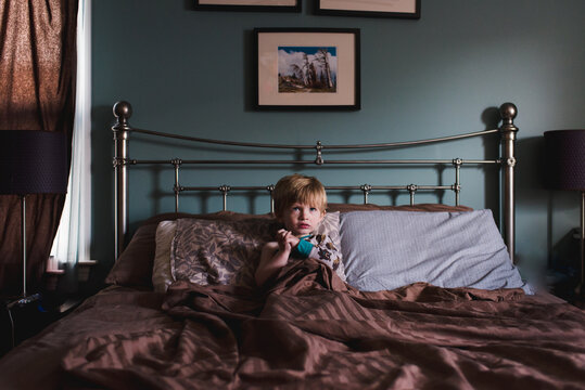 A little boy in a big bed.