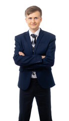 business, people and office concept. a man in a dark gray suit, white shirt, tie looks at the camera and smiles. isolated. White background