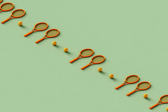 a row  of tennis racket with copy space 