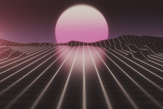 Sun setting over virtual reality landscape
