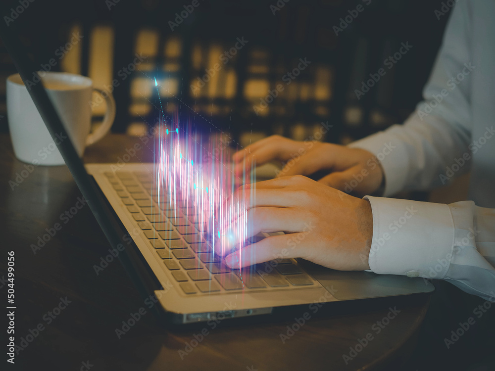 Poster hand finger keyboard notebook computer technology digital online stock exchange trader investment fo