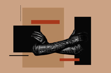 Collage with a hands of a woman in leather gloves