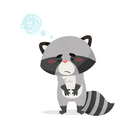Naklejka premium The raccoon is sad and confused by thoughts. Drawn in cartoon style. Vector illustration for designs, prints and patterns. Isolated on white background