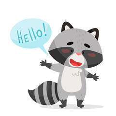 The raccoon says hello and spreads its paws to the sides. Drawn in cartoon style. Vector illustration for designs, prints and patterns. Isolated on white background © EnyaLis