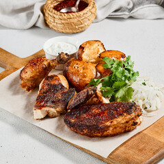 Roasted chicken with spices and herbs on wooden plate. Traditional caucasian food - chicken tabaka. Grilled chicken with bread and sauce on concrete background.