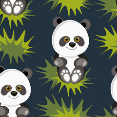 Seamless pattern with cute panda baby on color background. Funny asian animals. Card, postcards for kids. Flat vector illustration for fabric, textile, wallpaper, poster, gift wrapping paper