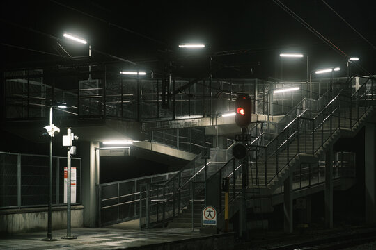 lights in a train station at night