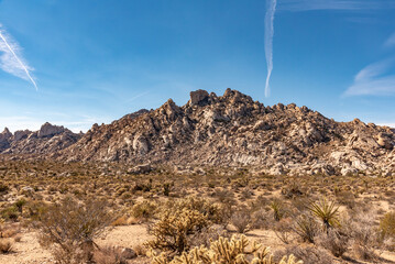 Amazing rock formation in the Mojave Desert landscape with blue sky background.	
