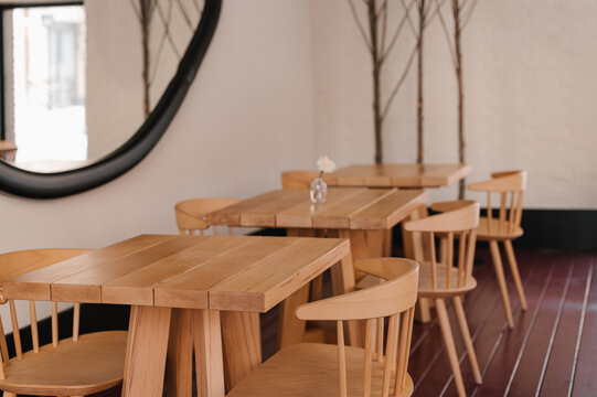 Interior of cafe with wooden furniture