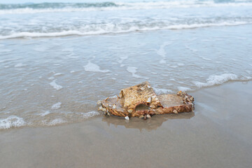 fractions of plastic shoes placed on the beach.Plastic and other rejections washed ashore ,...
