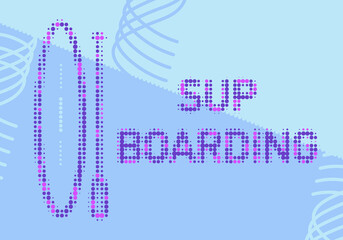 SUP board and stand up paddle. Dotted icon, vector logo, sports label, sticker or badge. SUP in flat design style in purple and blue colors.