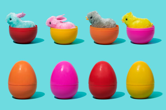 plastic eggs, chicks and easter bunnies