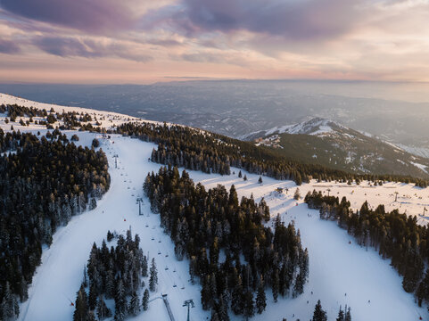 Ski slopes at sunset 