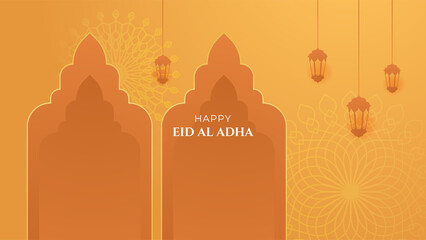 Eid Al Adha Mubarak background Vector illustration, Beautiful mosque with Arabic lanterns, Muslim community festival.