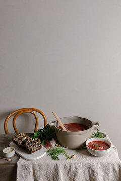 Ukranian babka and borscht on dining table