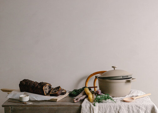Ukranian babka and borscht on dining table