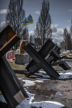 Anti-tank metal structures on ukrainian city streets