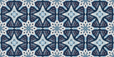 Indigo blue red batik geo nautical seamless border pattern. Modern marin geometric kaleidoscope banner. Nantucket fabric textile style. Summer rustic masculine worn linen effect edging trim tape 