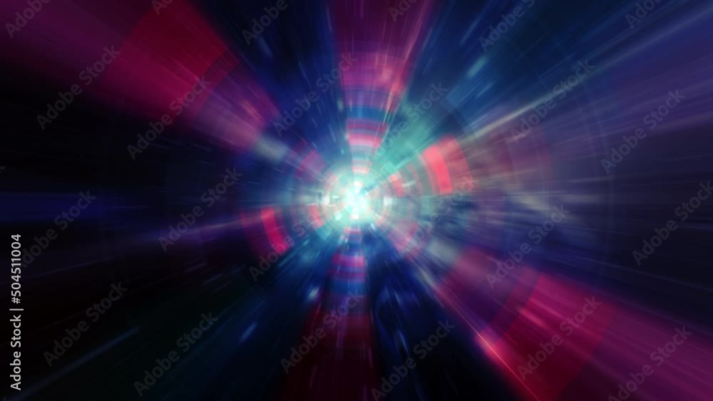 Poster abstract seamless loop blue red futuristic circle hyperspacelight tunnel. 4k 3d rendering abstract f