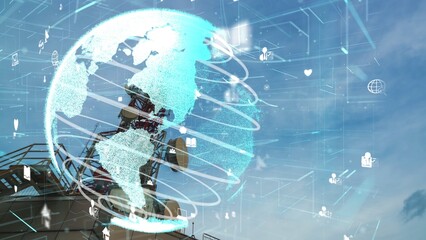 Telecommunication tower with 3D graphic of global business alteration and e-commerce against blue sky in concept of worldwide internet network connections .