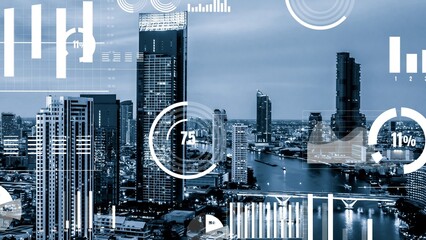 Business data analytic interface fly over smart city showing alteration future of business intelligence. Computer software and artificial intelligence are used to analyze big data for strategic plan .