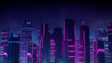 Futuristic Metropolis with Blue and Pink Neon lights. Night scene with Futuristic Architecture.