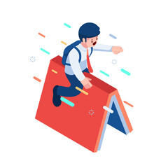 Isometric Businessman Riding Flying Book