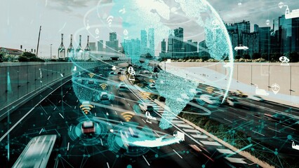 Smart transport technology concept for future car traffic on newish city road . Virtual intelligent...