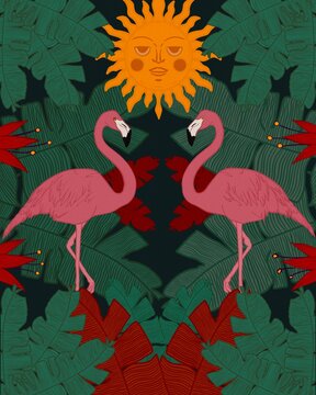 Flamingos in exotic forest under sun