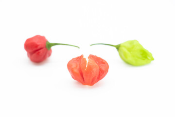 green and red super hot Naga chili on white background.selective focus