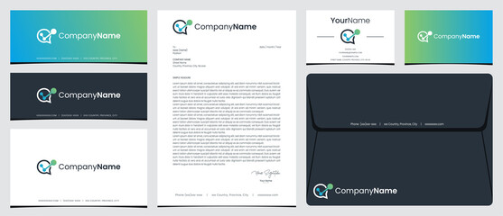 Technology talk logo with stationery, business card and social media banner designs