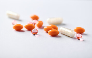 Vitamin E, Coenzyme Q10 and Vitamin C capsules. Antioxidants. Concept for a healthy dietary...