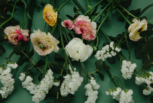 Sea Lavender, Ranunculus flowers and eucalyptus flower arrangement