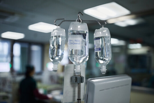 Closeup Of IV Bags At A Hopsital In Anhui, China.