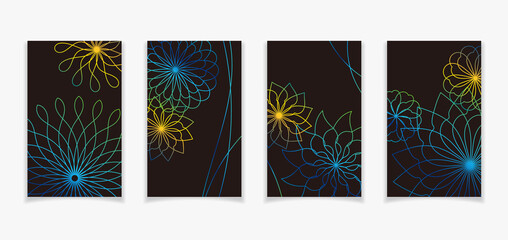 曲線で描いた花柄風のカードデザインD2【黒地に黄色と青のグラデーション】