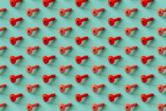 pattern of pink and red screws on a blue background. 3d render