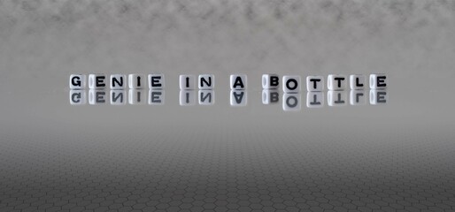 genie in a bottle word or concept represented by black and white letter cubes on a grey horizon...
