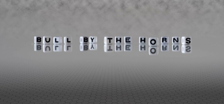 bull by the horns word or concept represented by black and white letter cubes on a grey horizon background stretching to infinity