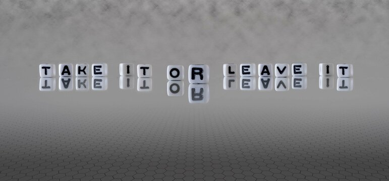 take it or leave it word or concept represented by black and white letter cubes on a grey horizon background stretching to infinity