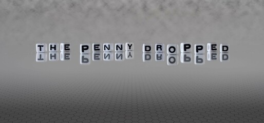 the penny dropped word or concept represented by black and white letter cubes on a grey horizon...