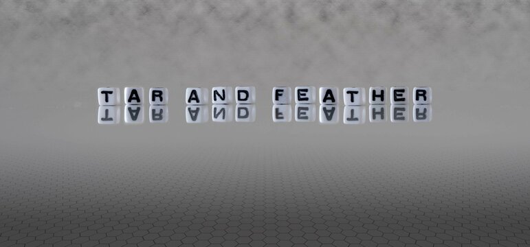 tar and feather word or concept represented by black and white letter cubes on a grey horizon background stretching to infinity