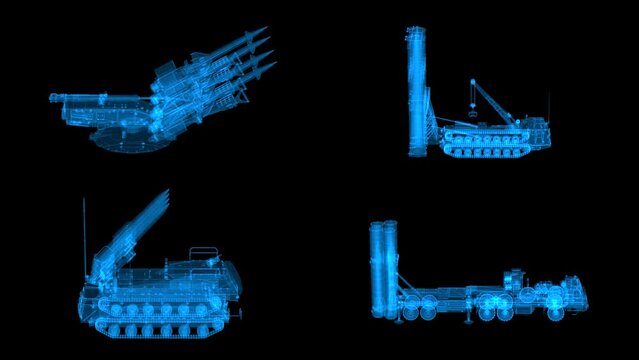 4k set of detailed loop rotating 360 degrees russian surface-to-air missile systems hologram footages with alpha transparency. Models SA-3 SA-12b-23b SA-17 SA-21. Slow motion 60 fps