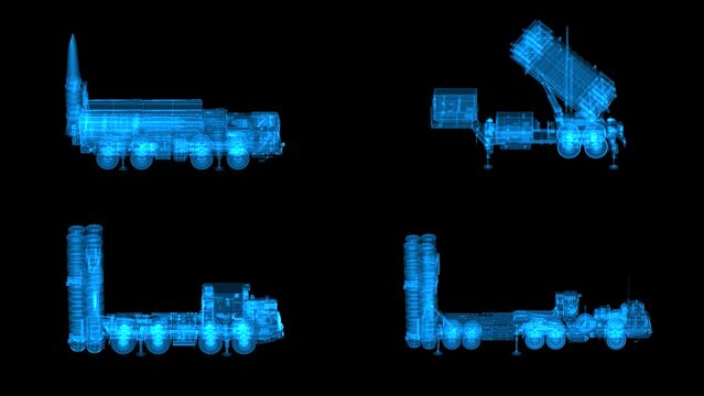 4k set of detailed loop rotating 360 degrees russian and american surface-to-air missile systems hologram footages transparency. Models MIM-104 patriot iskander-e s-300 s-400. Slow motion 60 fps