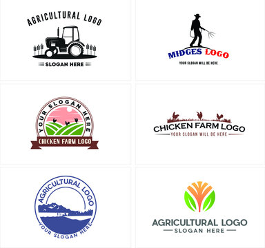Agriculture logo template with various kinds symbol such as tractor, farmer watering plants, landscape, chicken farm, and tree leaf round icon natural healthy vector illustration