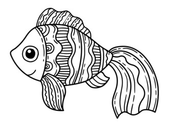 Coloring book page for adult. Fish with Detailed Pattern isolated on white background, mandalas design, line art design